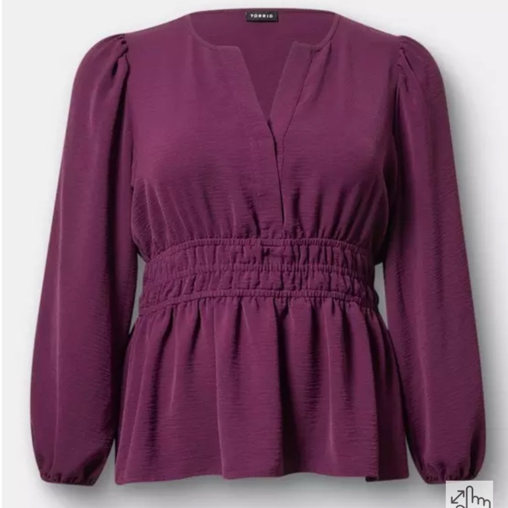 Torrid Rich Plum Winter Bloom Blouse Peplum Waist Blouson Sleeves V-Neck Size O